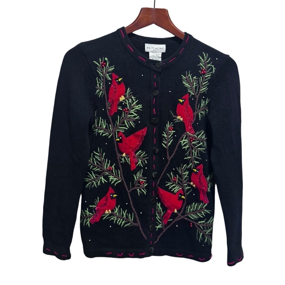Vintage 1990s Knit Bird Pine Tree Graphic Cardigan Sweater Button Up Size Small - Picture 2 of 16